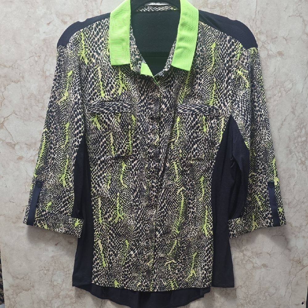 Tahari | Women's | Blouse | Neon Green and Black Animal Print | Size L - Picture 2 of 9